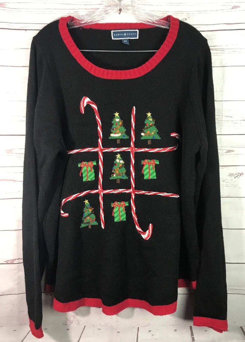 Karen Scott Sweater Womens 0X Black Christmas Trees Candy Cane Embroidered NWT
